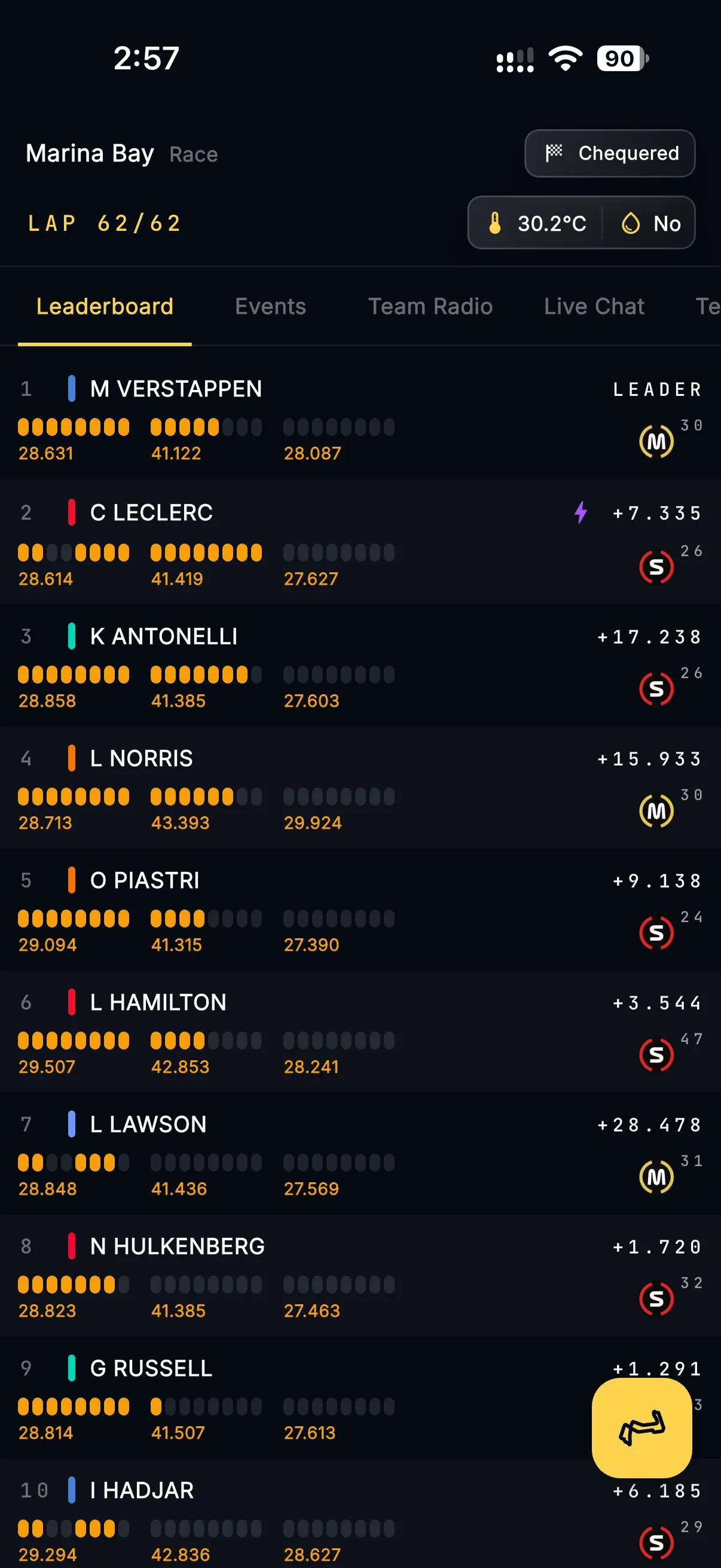 Formula Live Pulse live timing screen on iPhone