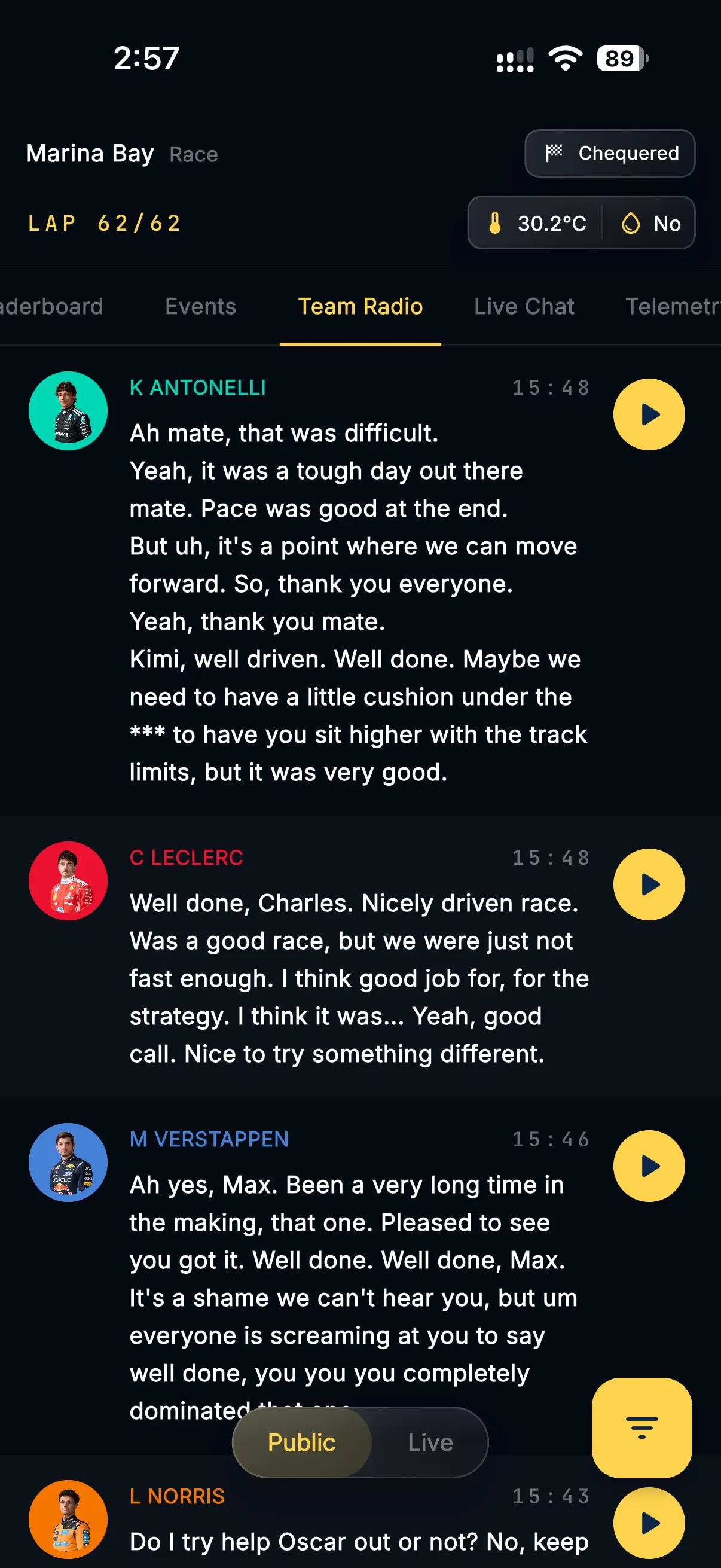 Team radio messages with AI transcripts on iPhone