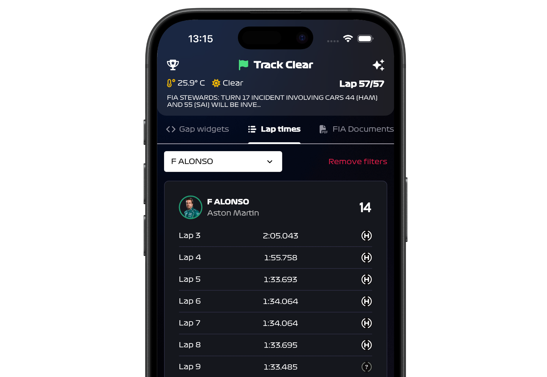 Formula Live Pulse Lap Times Screen Example